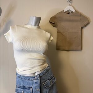 Old Navy Short Sleeve Ribbed Tees - Cream and Tan